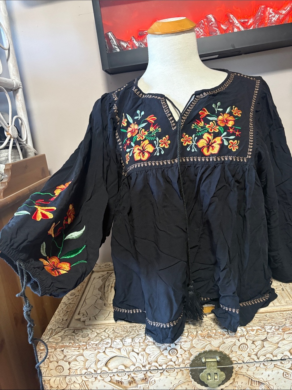 Embroidered Peasant Blouse - Black with Floral Accents
